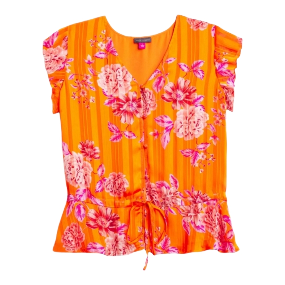 Vince Camuto Orange Rio Gardens V-neck Button Down Peplum Blouse Large
